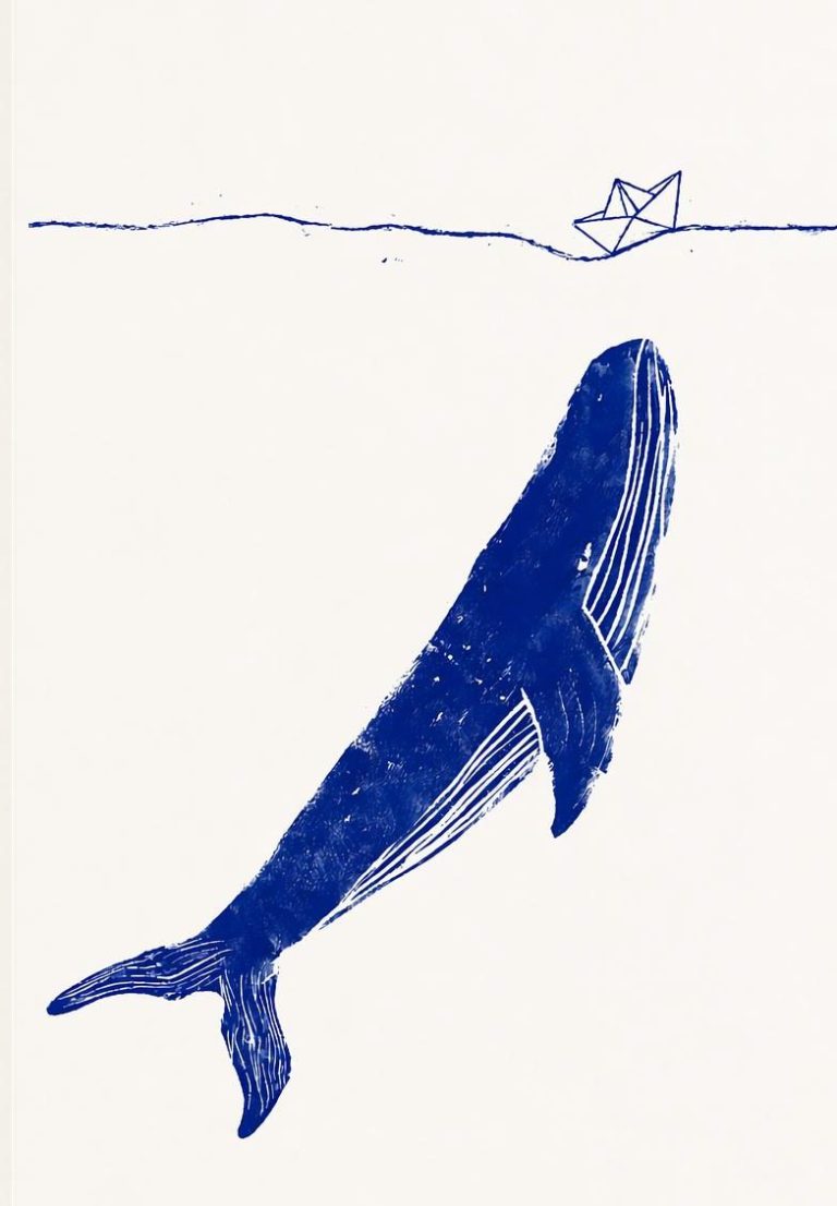 Linoldruck von Gaby Stolte-Schirmer: Ein Blauwal nähert sich unter der Wasseroberfläche einem Papierschiffchen.
